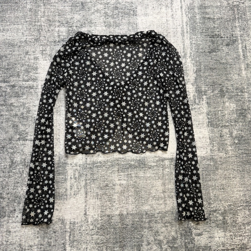 Free People Top Womens XS Black Stars Marne Cropped Sheer Mesh Celestial Whimsy - Picture 6 of 12